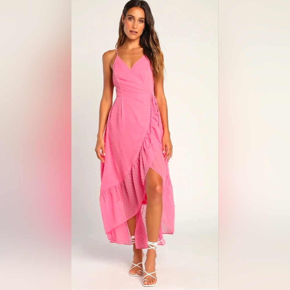 Effortlessly Easy Pink Swiss Dot High-Low Midi Wrap Dress xs